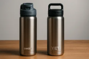 side-by-side comparison of Owala FreeSip and Yeti stainless steel bottles on wooden table under studio light