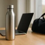 modern stainless steel water bottle on wooden desk beside laptop and gym bag under natural morning light