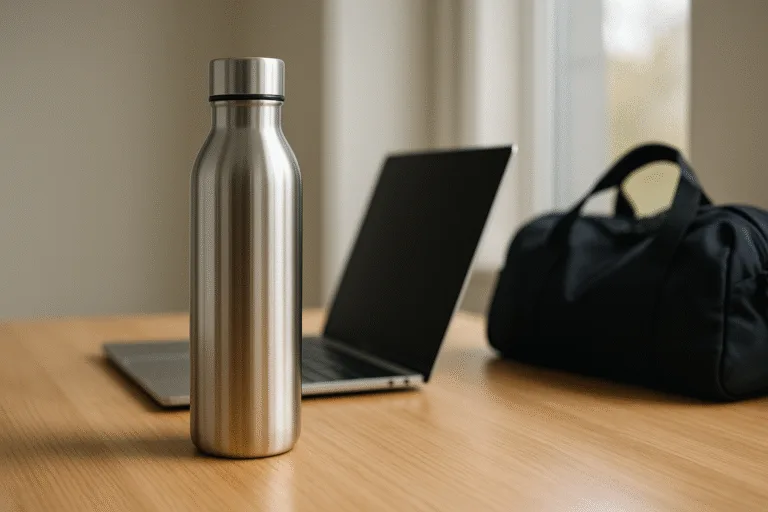 modern stainless steel water bottle on wooden desk beside laptop and gym bag under natural morning light