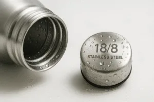 close-up of 18/8 food-grade stainless steel bottle cap and interior with water droplets under bright light