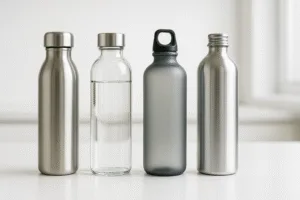 comparison lineup of stainless steel, glass, plastic, and aluminum reusable water bottles on white surface