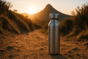 stainless steel water bottle on hiking trail at sunrise with mountain background in warm golden light