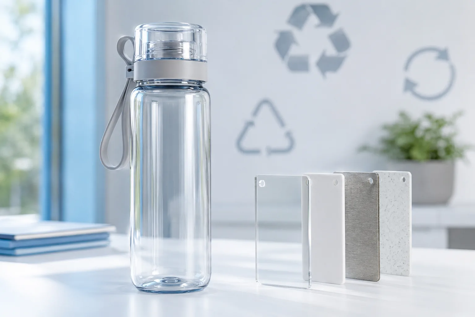 A clear Tritan plastic water bottle next to a recycling symbol chart