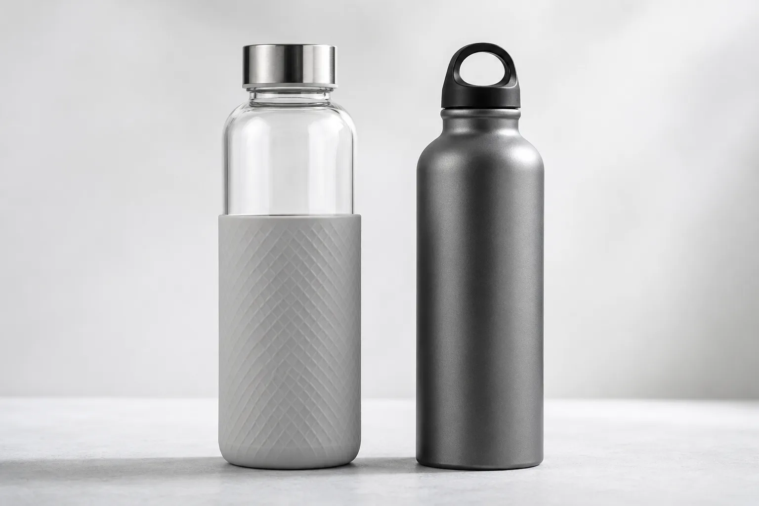 A glass bottle with a protective sleeve next to a lightweight aluminum bottle