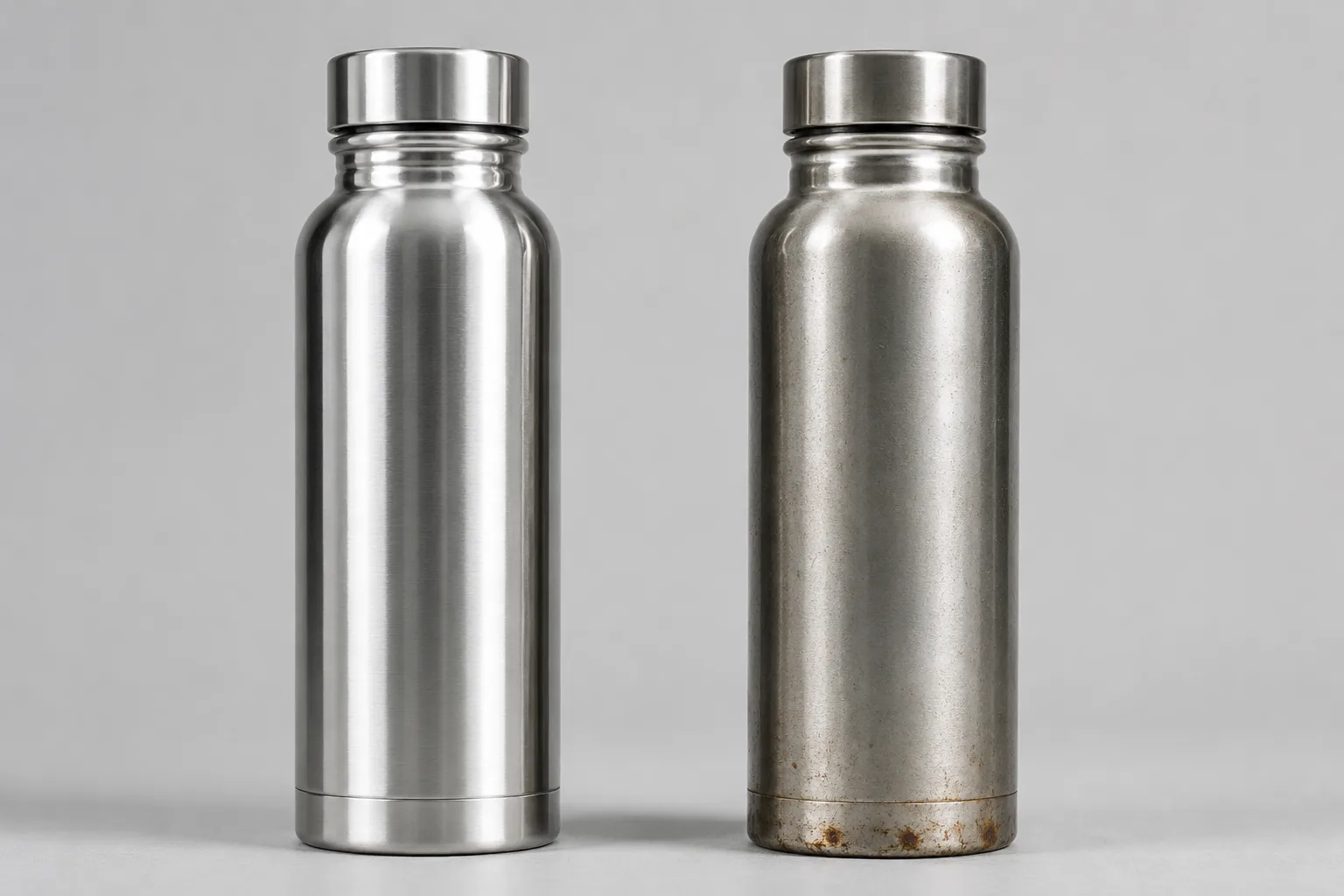 A close-up shot of two stainless steel water bottles, one gleaming (304) and one with a hint of rust (201).