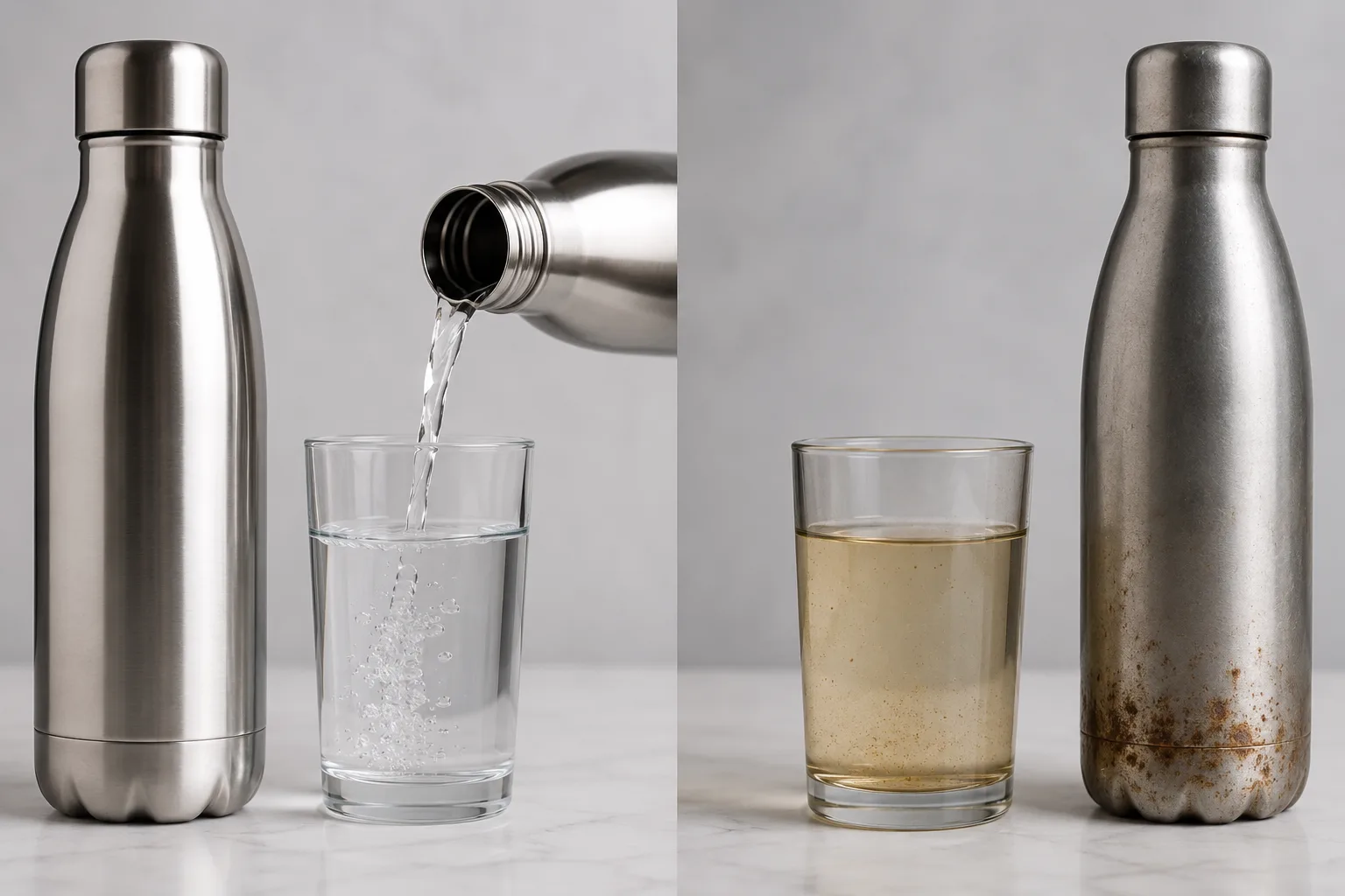A split image showing clear water in a 304 bottle and slightly discolored water in a rusted 201 bottle.
