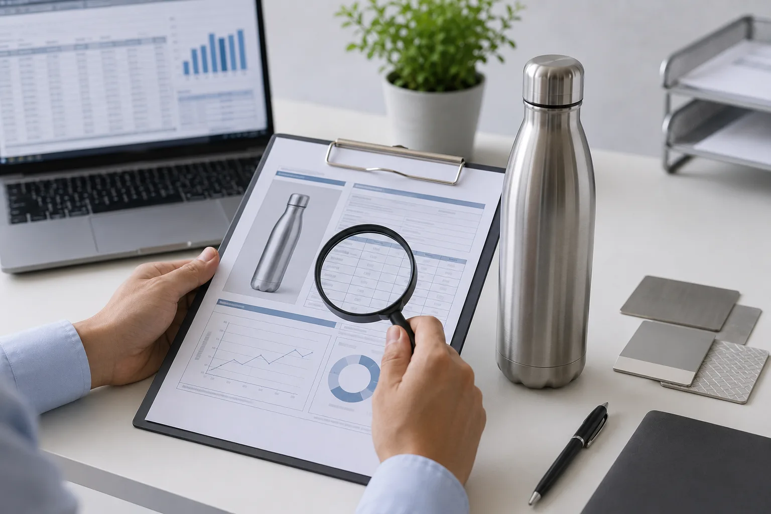An image of a person reviewing a technical specification document with a magnifying glass.