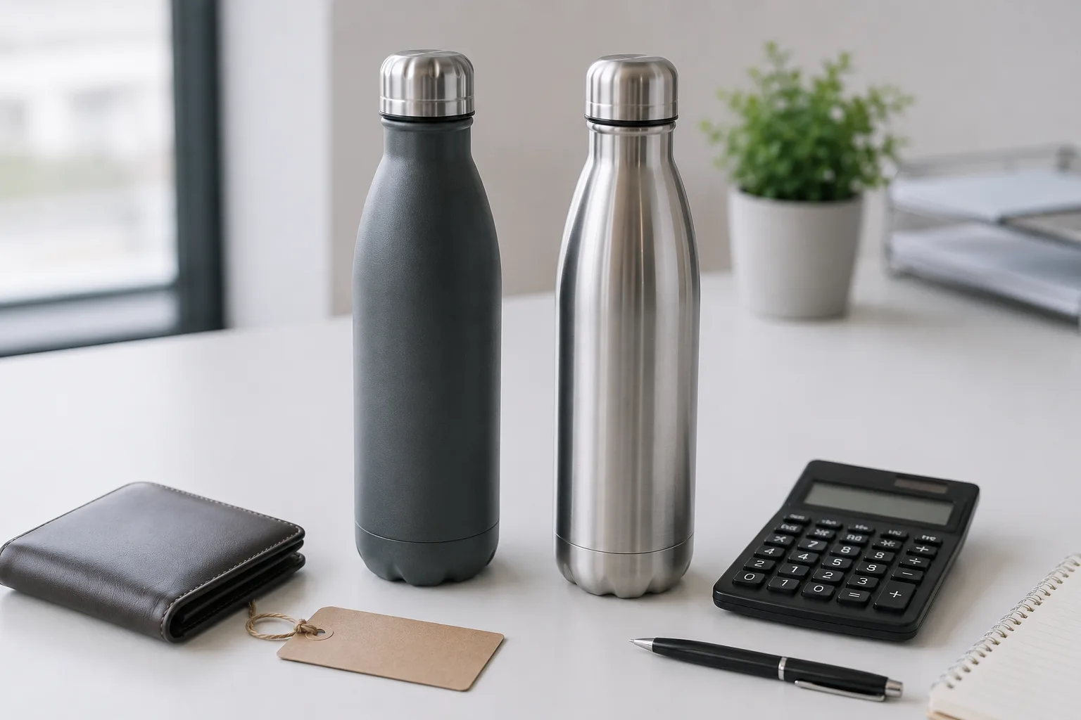 A wallet next to two different water bottles