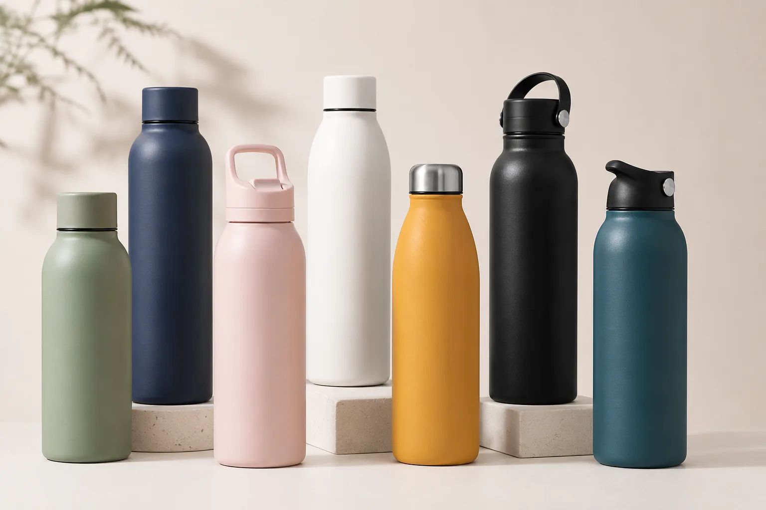 A collection of colorful water bottles with custom logos