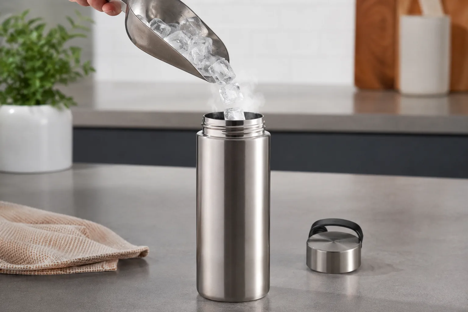Ice cubes inside a vacuum insulated water bottle