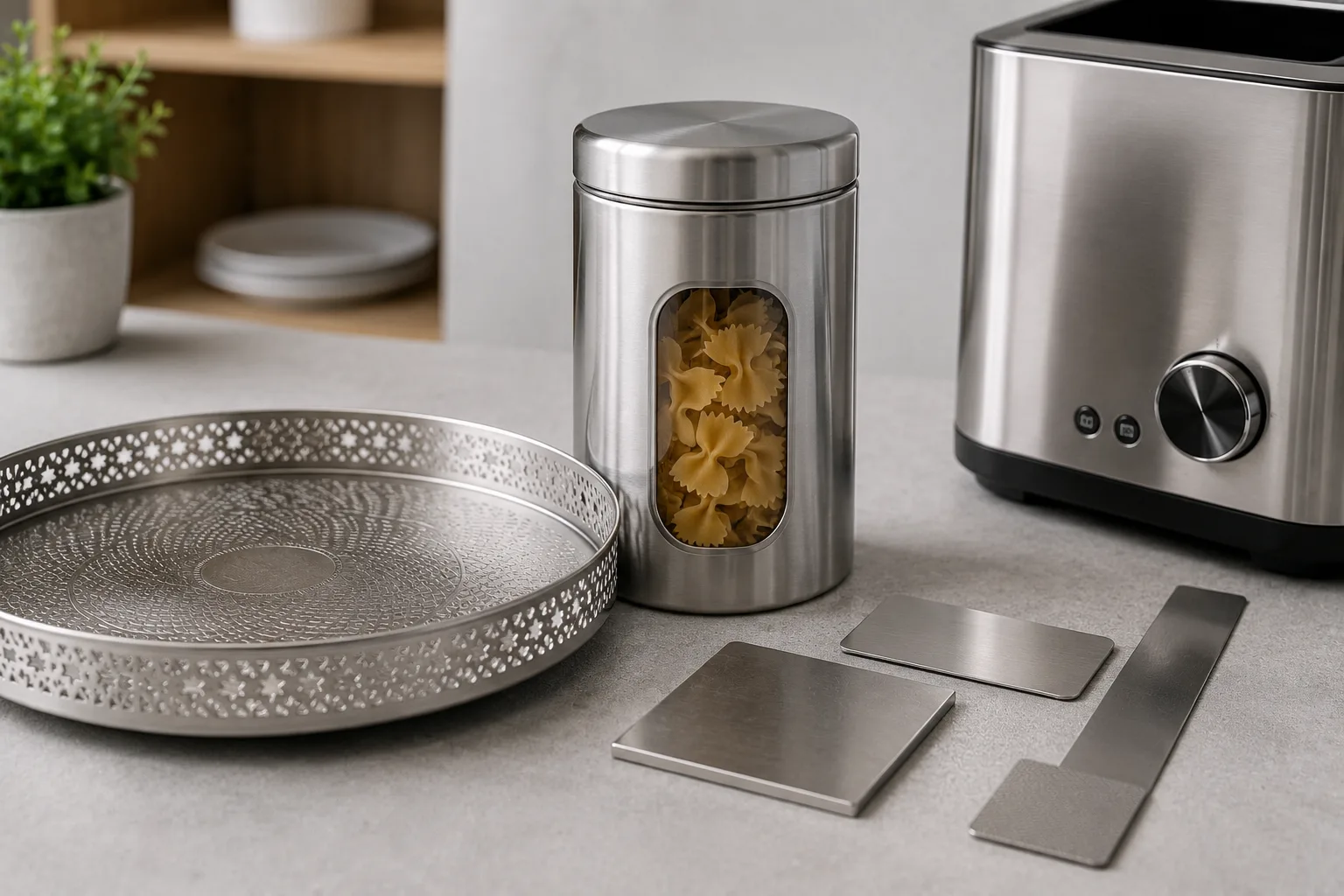 Decorative metal item and a dry goods container
