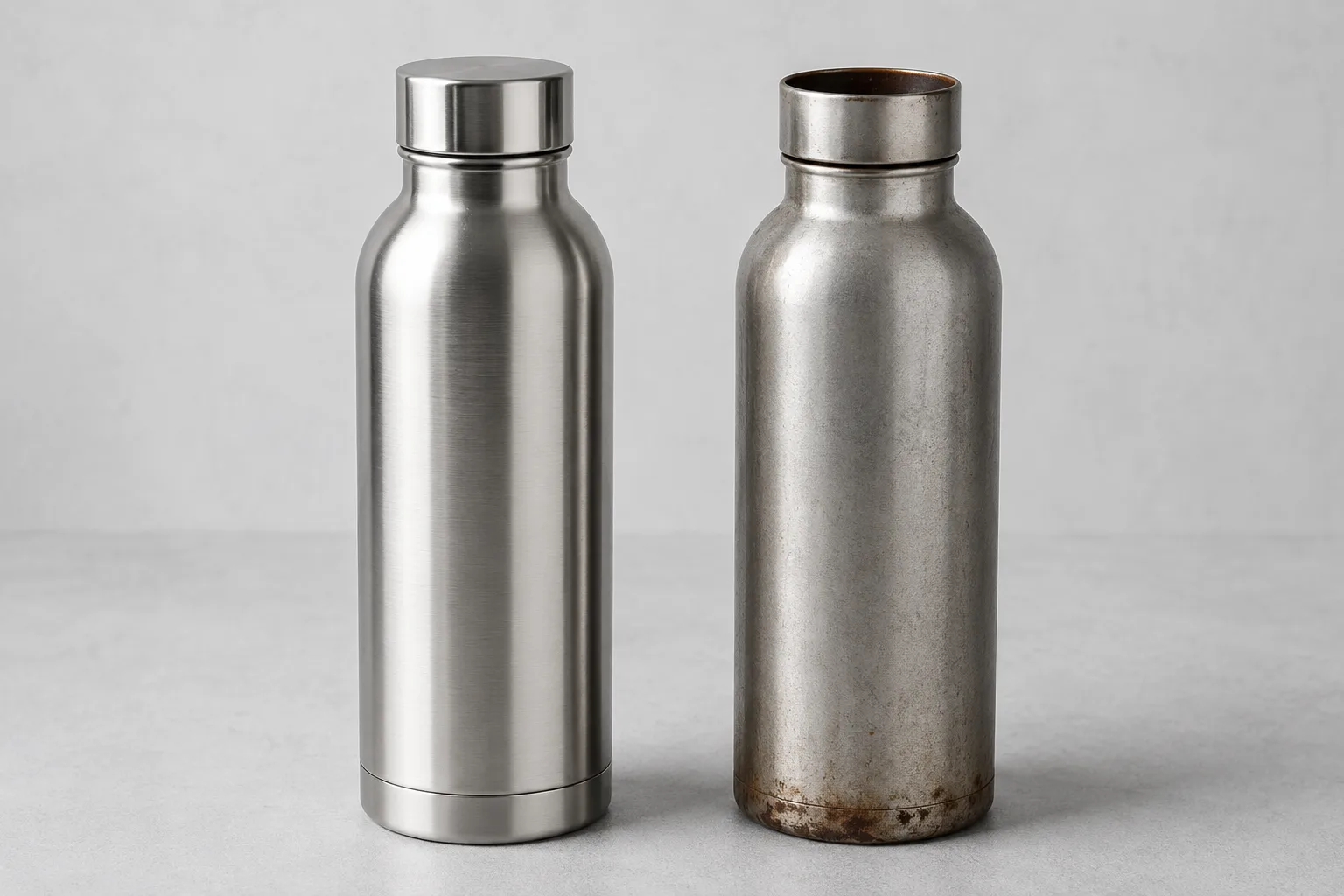 A rusty water bottle next to a pristine one