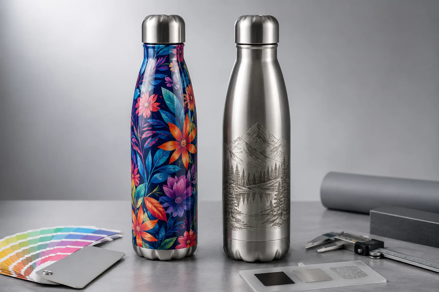 A sublimated bottle next to a laser-engraved bottle to show the difference in finish