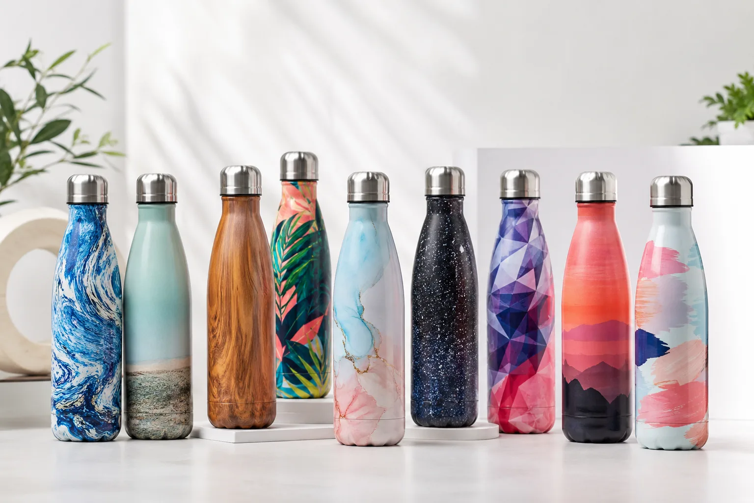 A collection of custom stainless steel bottles with vibrant, full-wrap sublimation prints