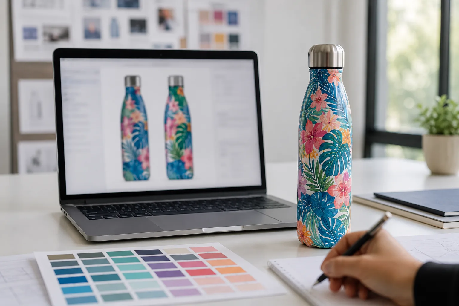 Side-by-side comparison of a digital design file on a screen and the final sublimated bottle
