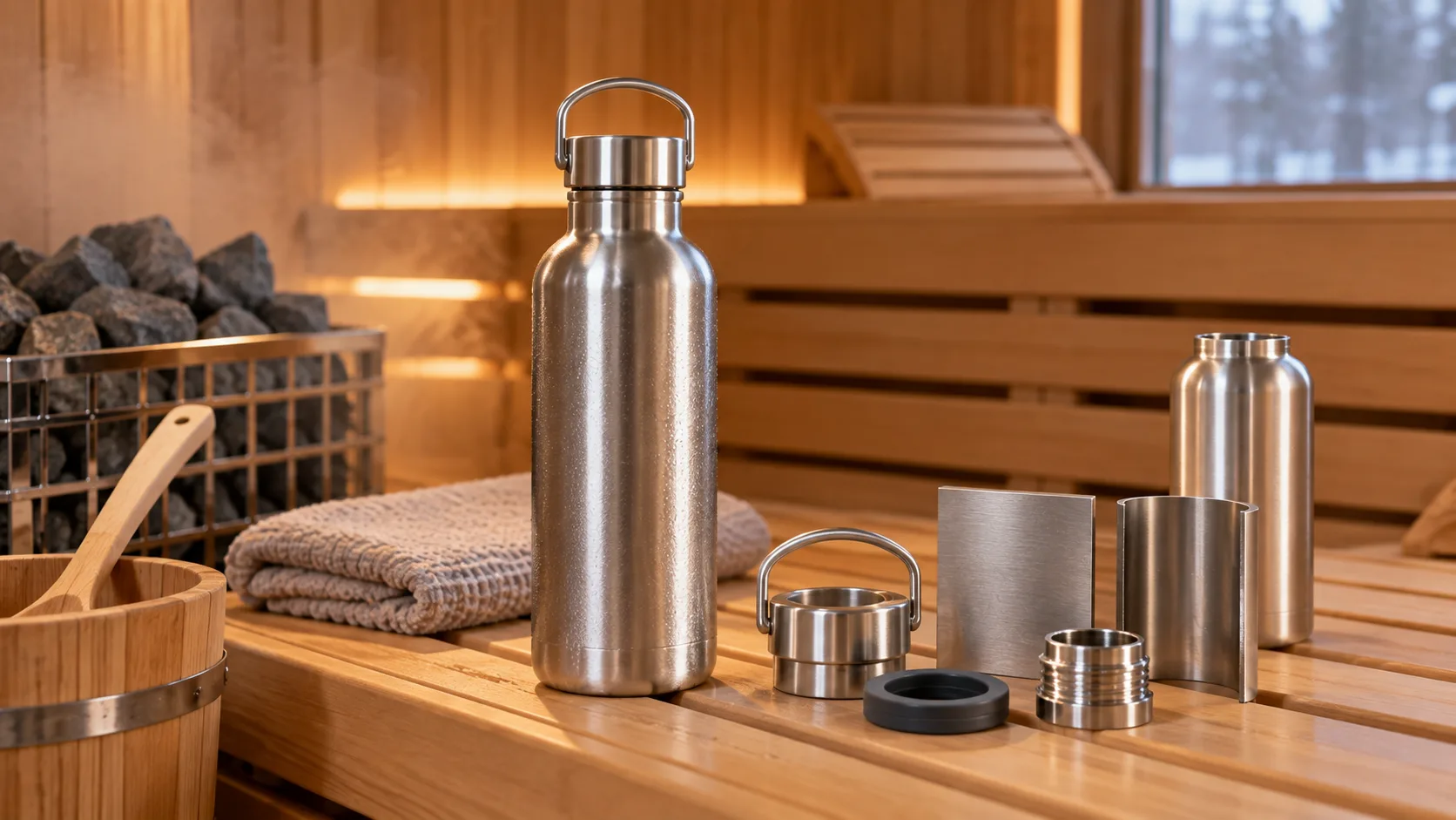 Best Sauna Water Bottle Materials A collection of stainless steel water bottles suitable for a sauna environment