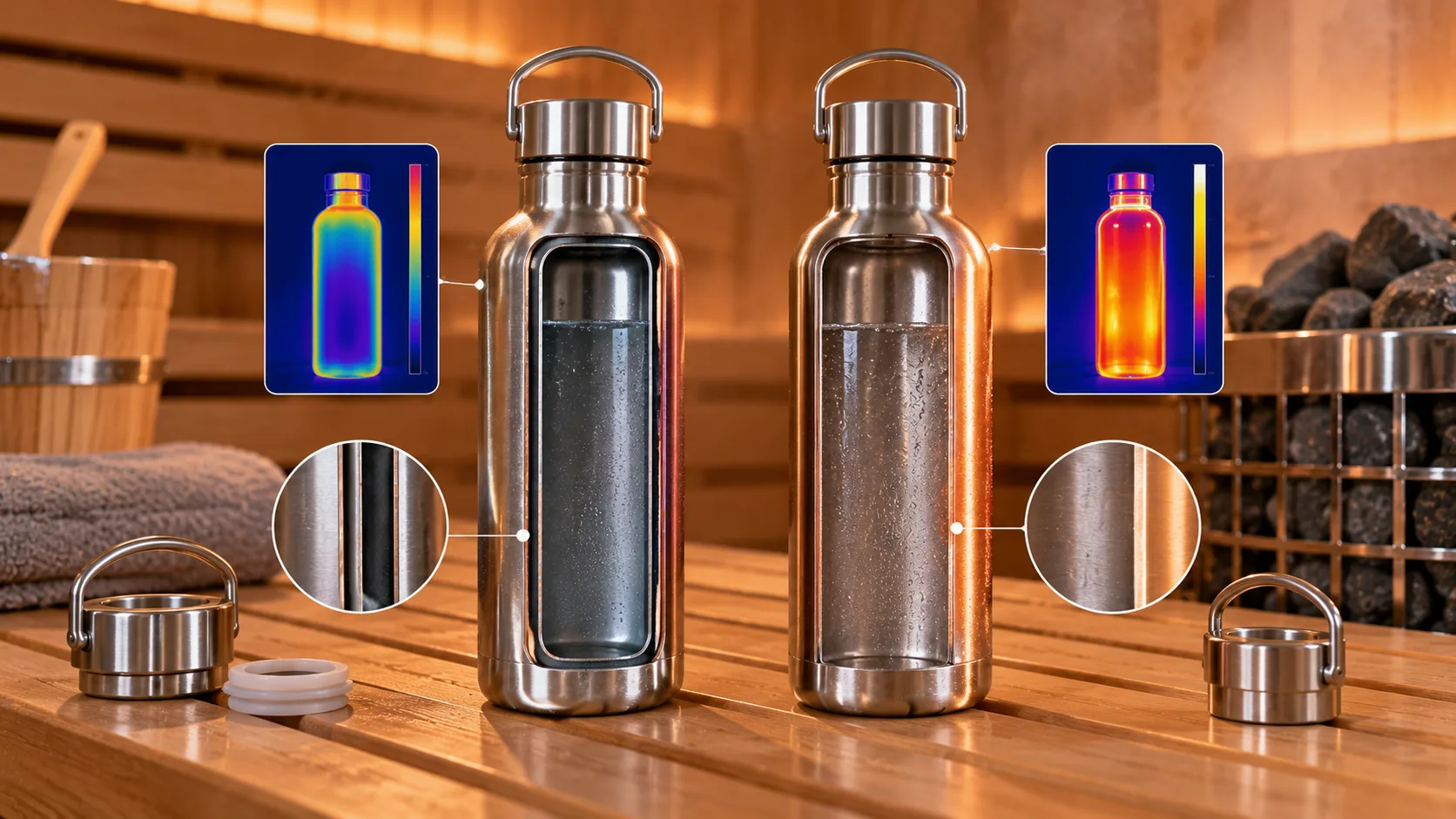 Sauna Water Bottle Insulation Risk A hand touching the hot outer surface of a water bottle in a sauna