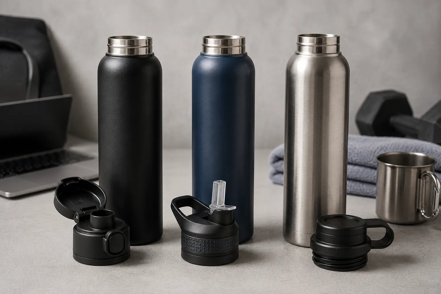 Three different types of vacuum flask lids: a flip-top lid, a straw lid, and a wide-mouth screw lid