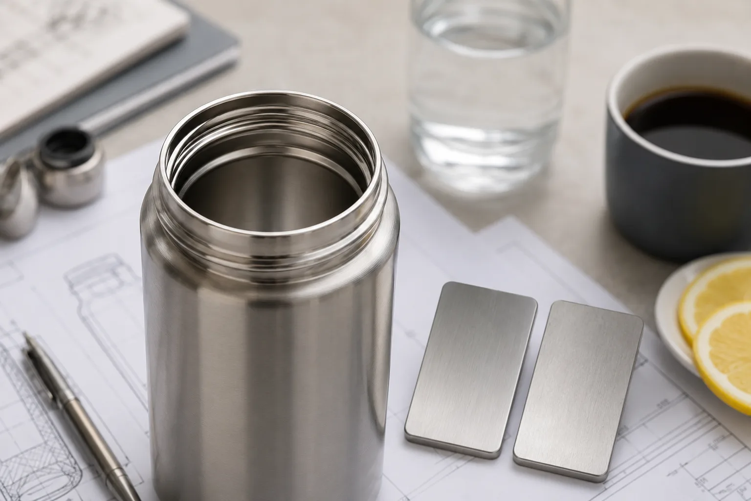 A close-up shot showing the inside of a stainless steel vacuum flask