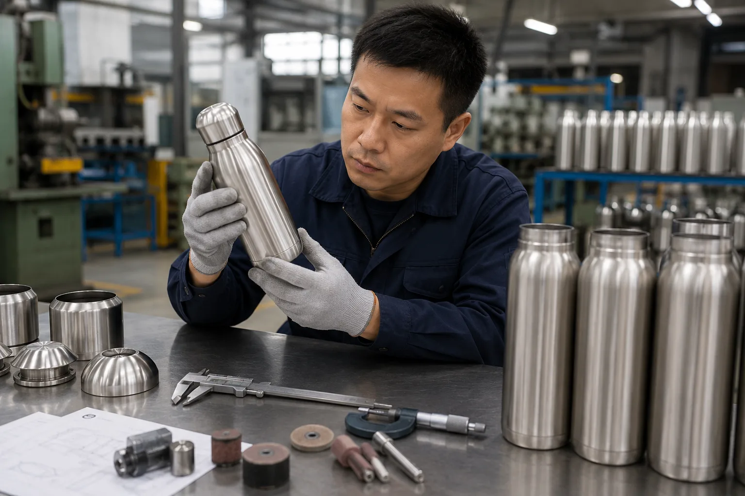 A factory worker inspecting the structure and seams of a stainless steel bottle