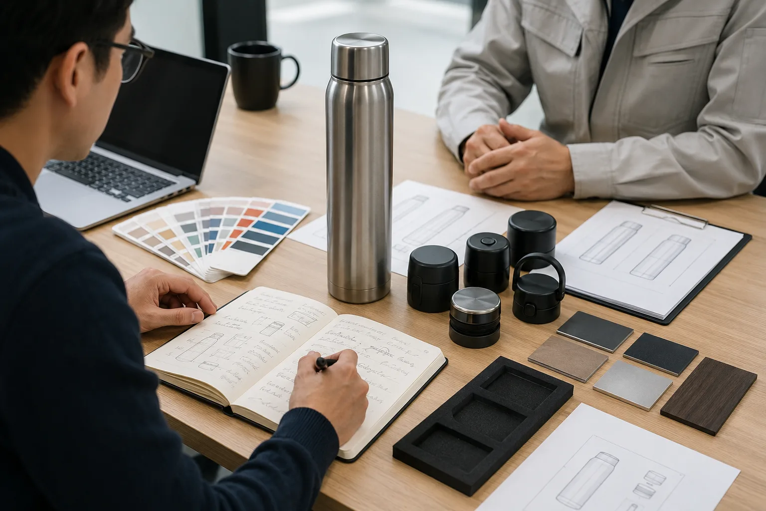 A person writing a design brief on a notepad with a vacuum flask and color swatches nearby