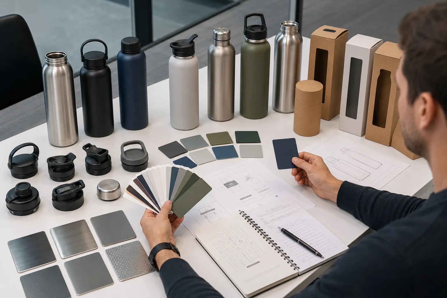 A person choosing between different color swatches and lid types
