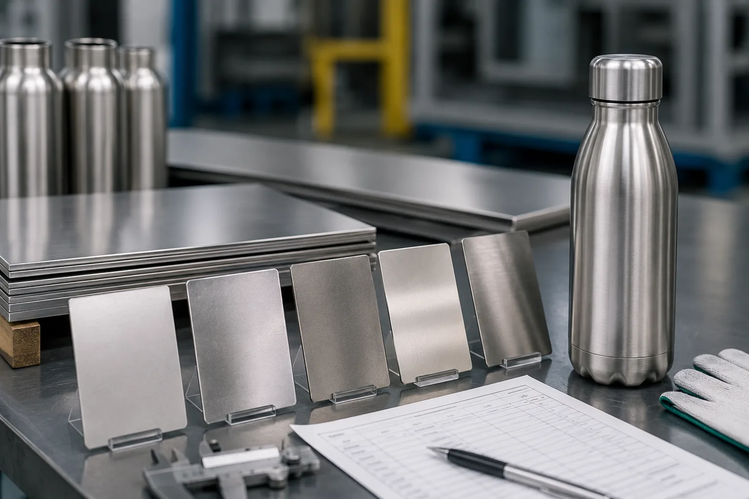 Close-up of stainless steel sheets in a factory