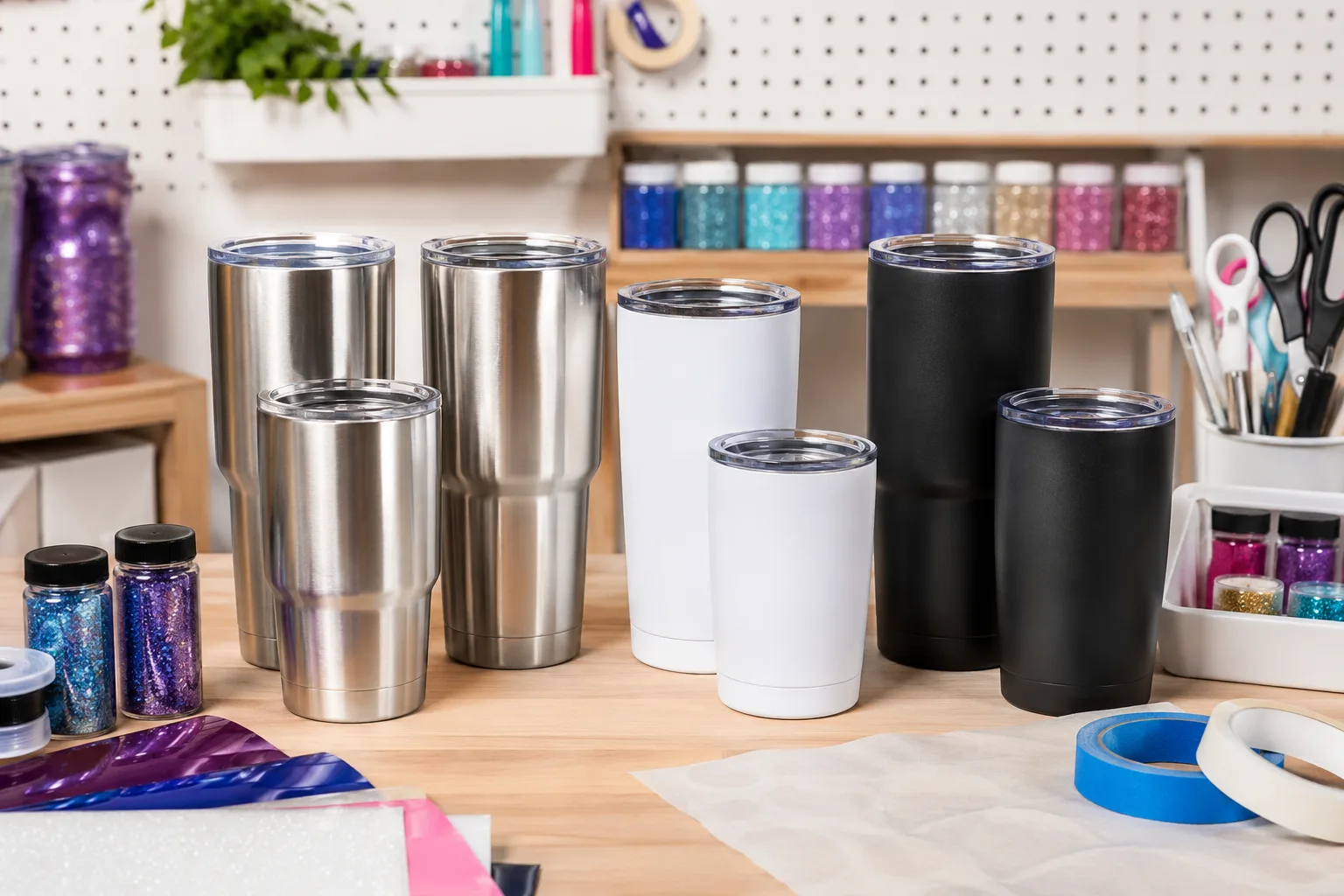 Various blank stainless steel tumblers ready for DIY projects