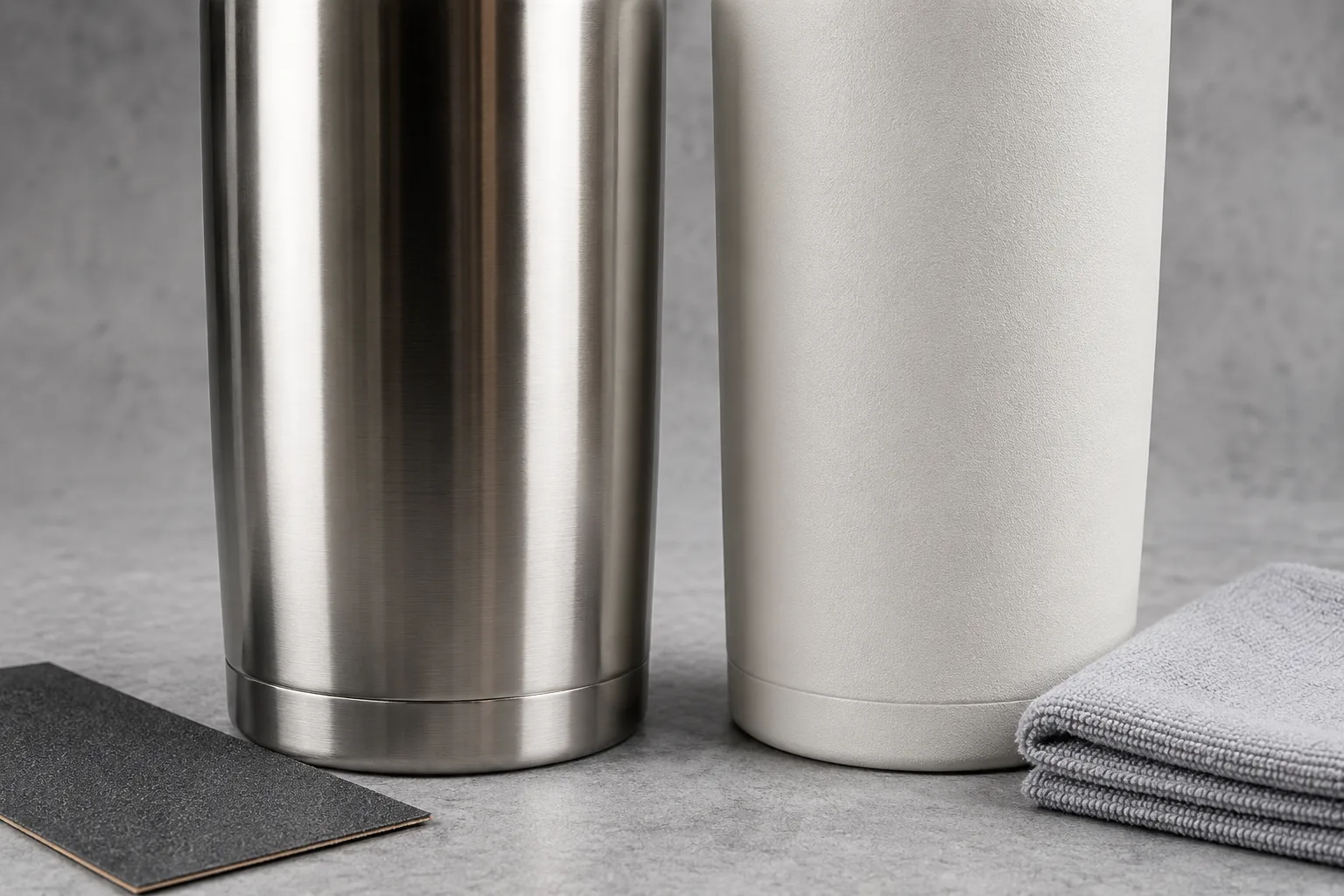 Close-up of a polished vs a powder-coated tumbler surface