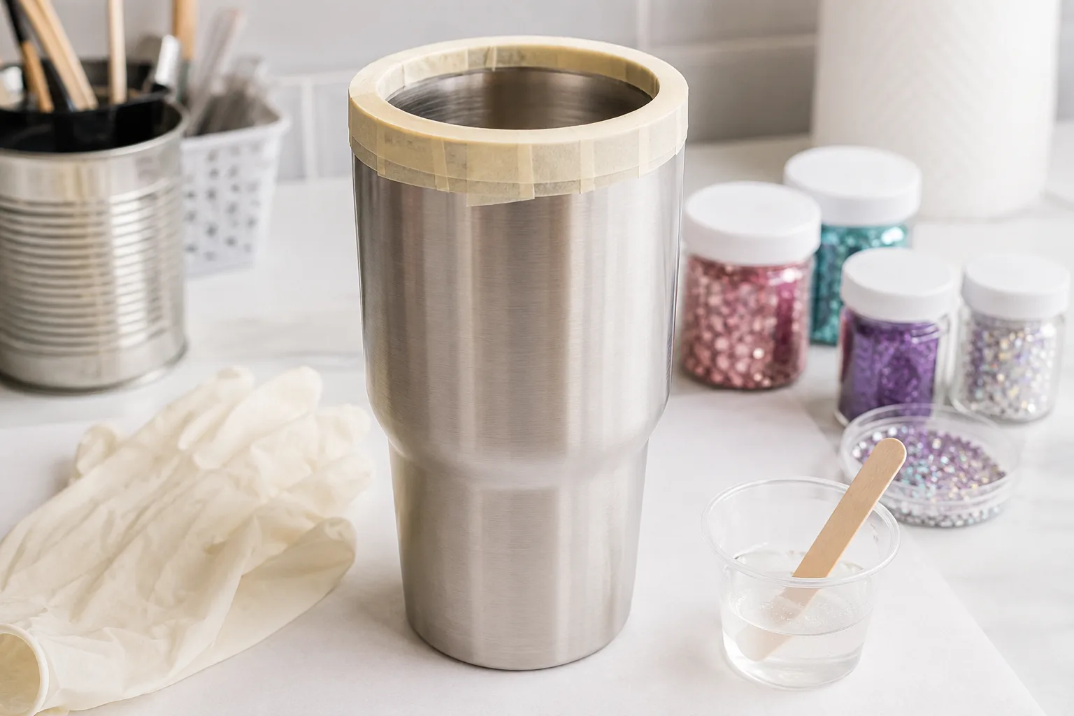 A tumbler with the top rim taped off to protect it from epoxy