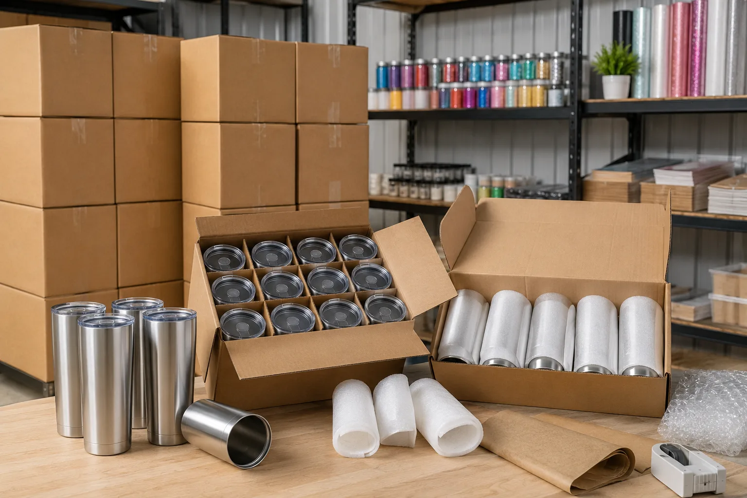 Boxes of blank tumblers in a small business stock room
