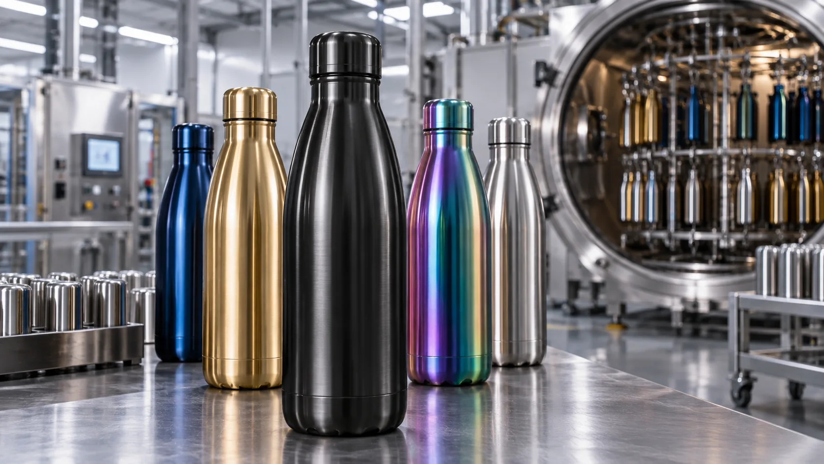 a collection of water bottles with different PVD colors and finishes