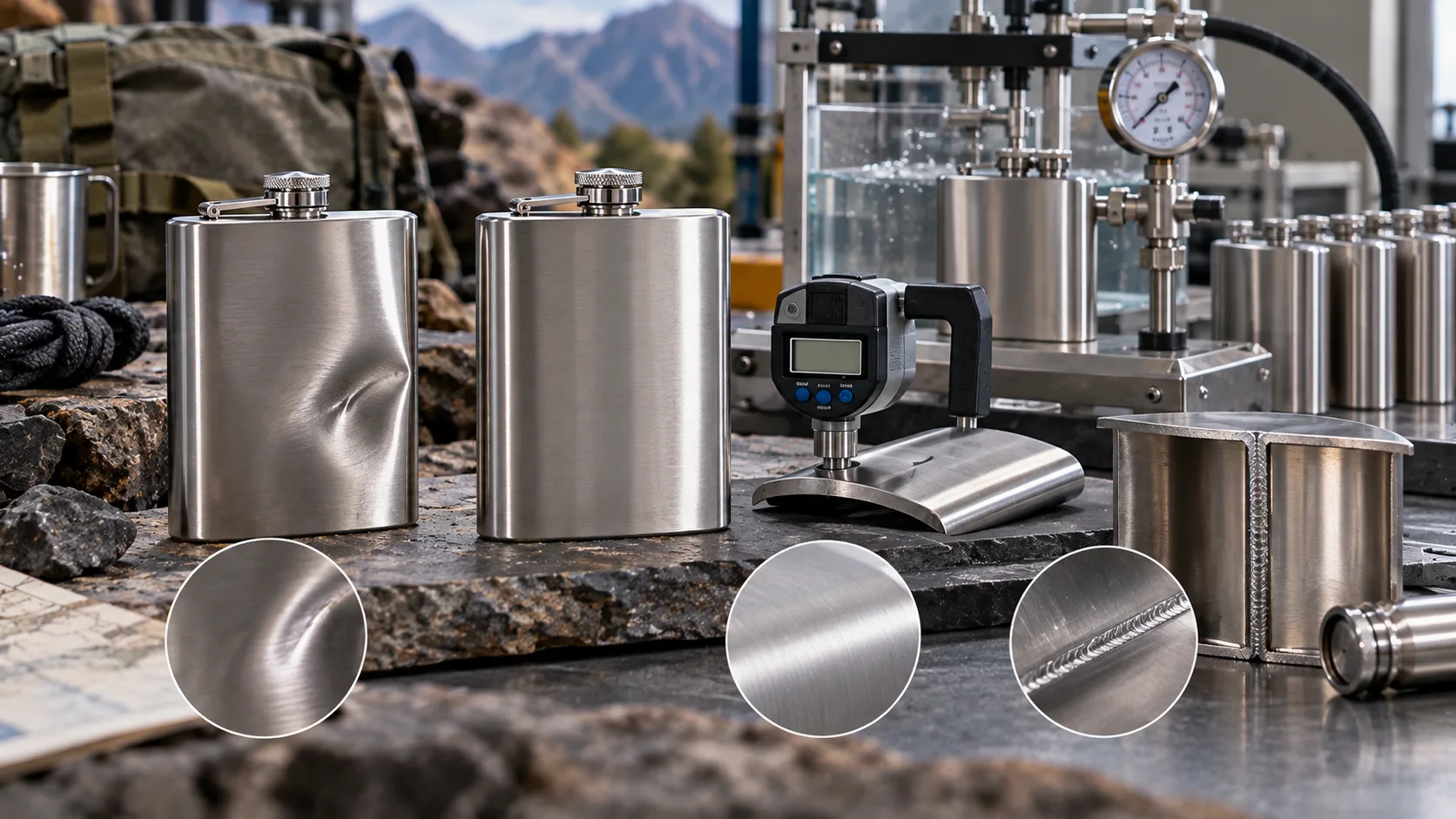 Durable Hip Flask Construction A person holding a dented hip flask next to a durable one