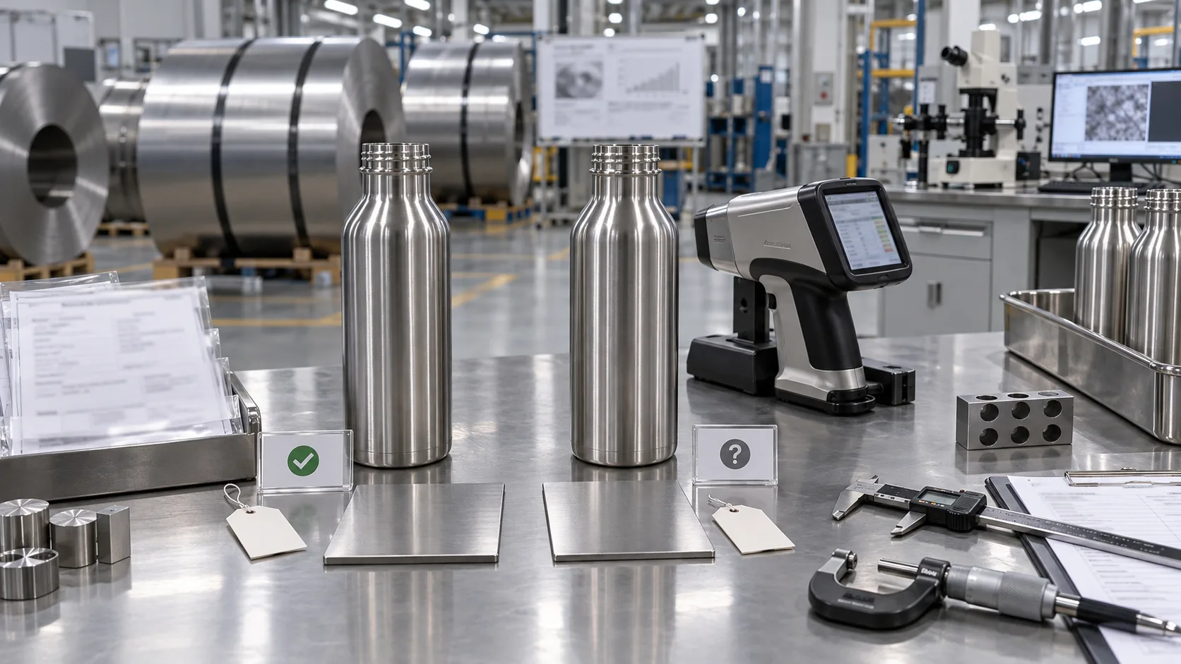 A quality control inspector examining a stainless steel water bottle in a factory setting.