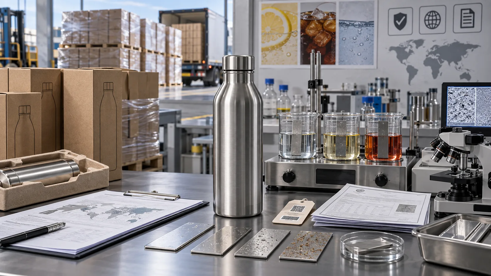 A set of custom-branded water bottles destined for the European market.