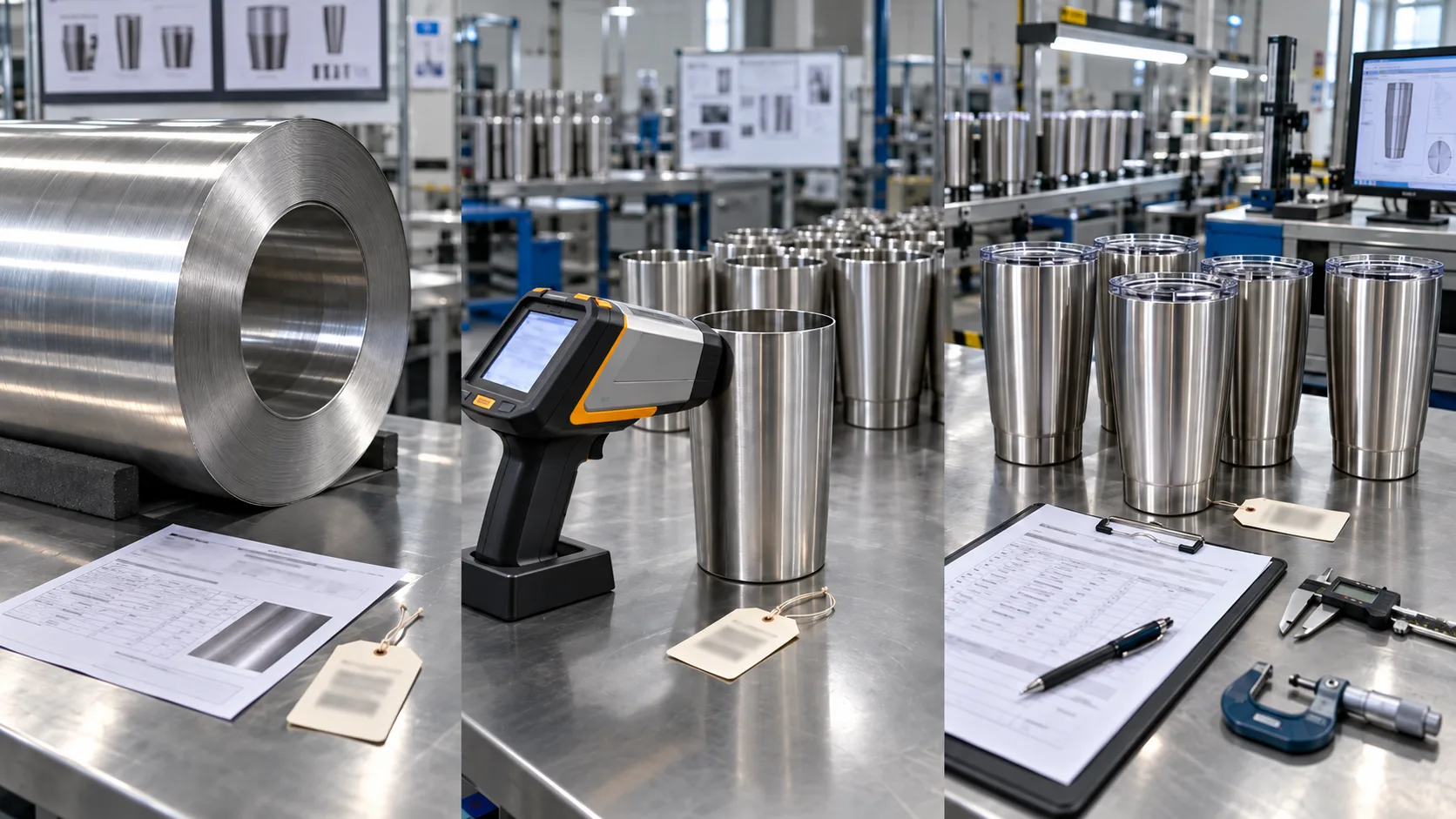 a factory worker using a PMI analyzer gun on a steel coil