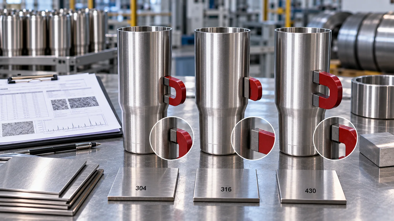 A magnet being held to the side of a stainless steel tumbler