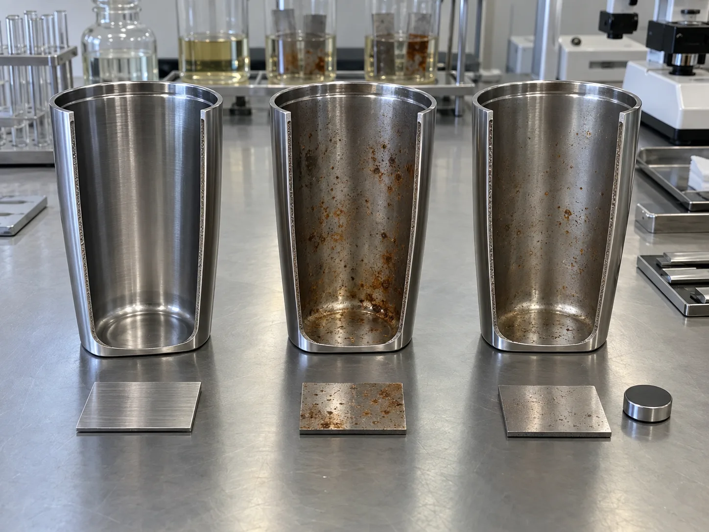 a rusty tumbler next to a clean one