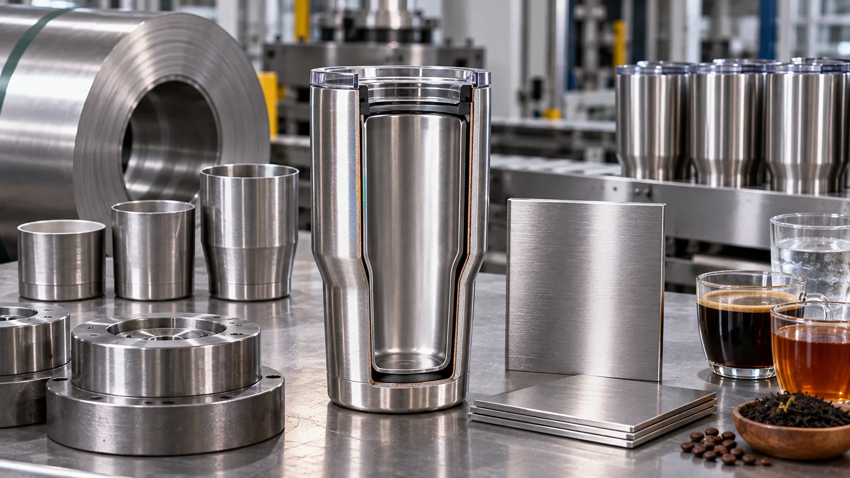 A close-up of a 304 stainless steel tumbler interior