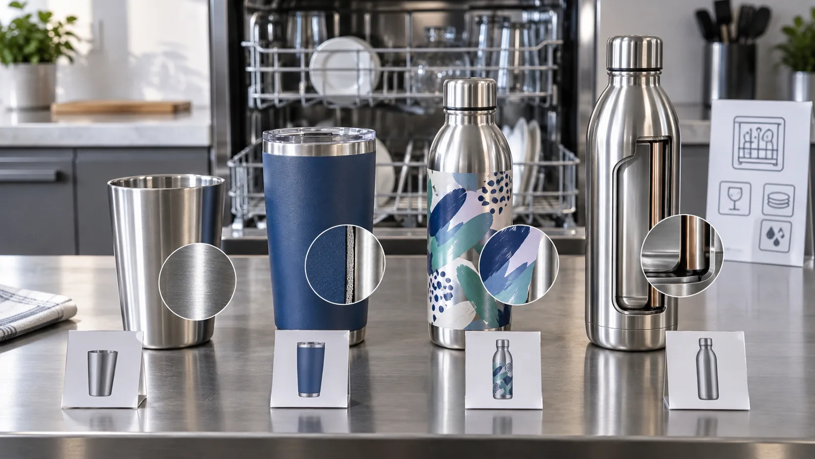 Various types of stainless steel cups lined up for inspection