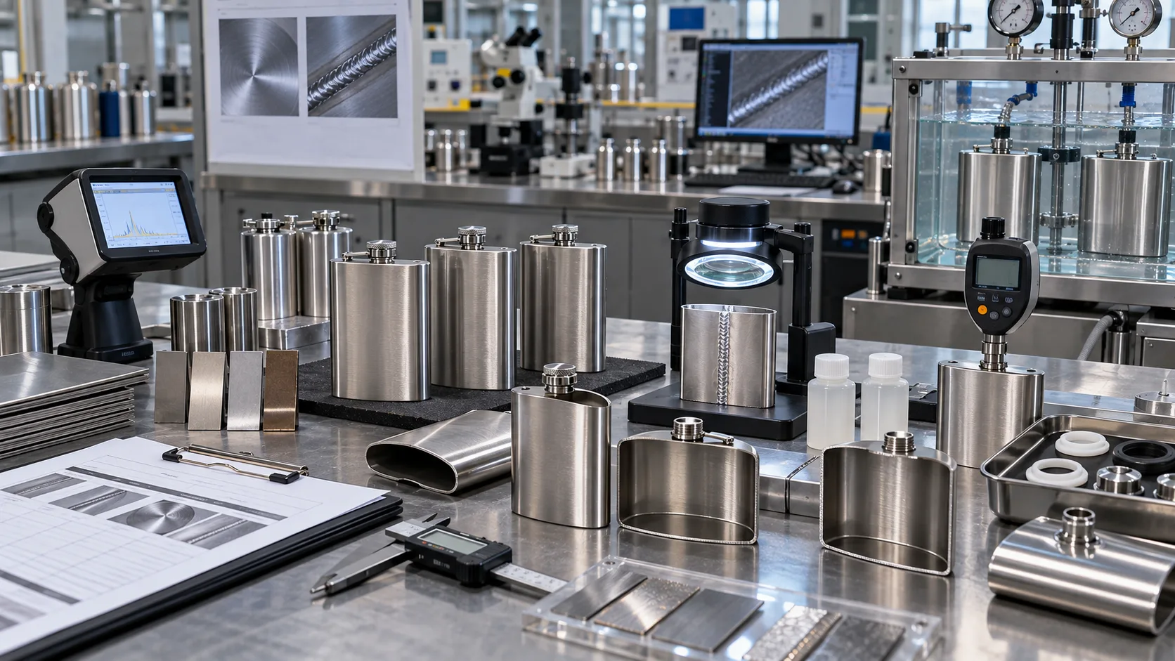 Flask Supplier Quality Control A quality control inspector checking a stainless steel flask