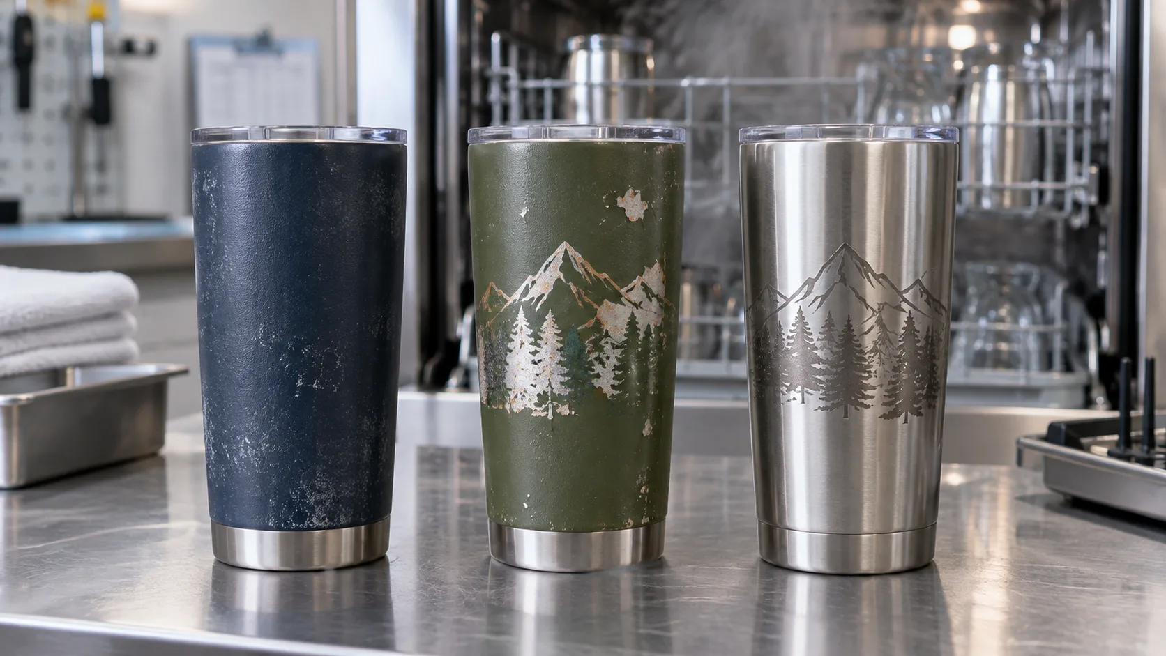 A powder-coated tumbler with a custom logo