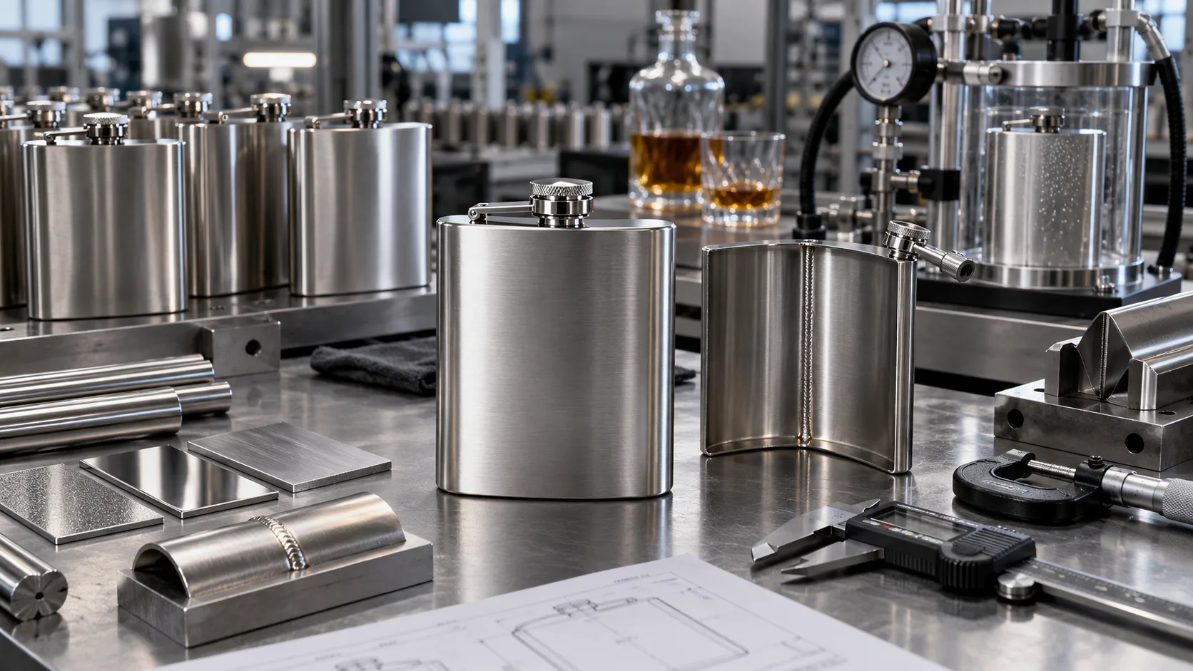 Stainless Steel Hip Flask Manufacturing A collection of stainless steel hip flasks on a workshop bench