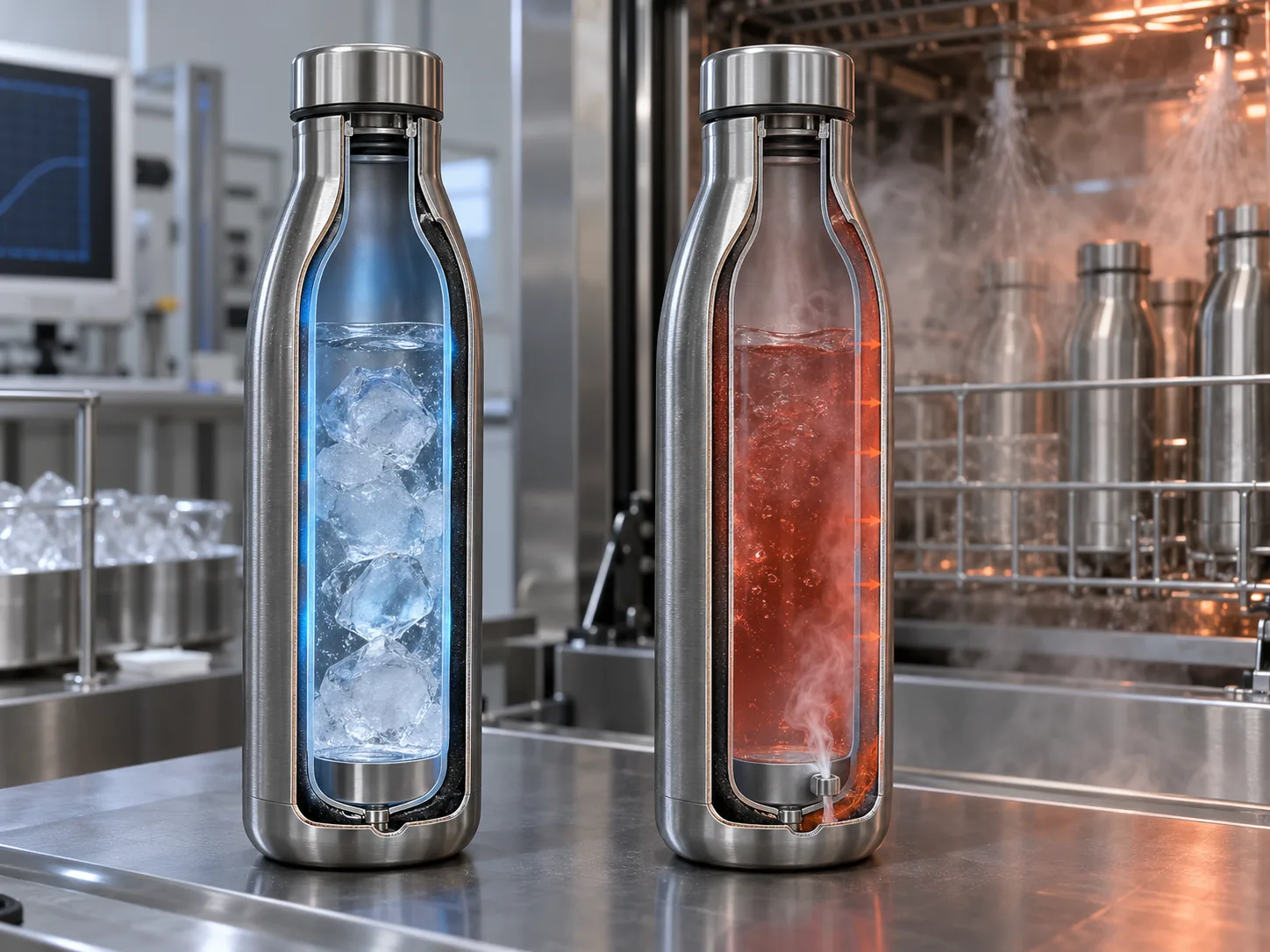 Cross-section of a double-wall vacuum insulated bottle