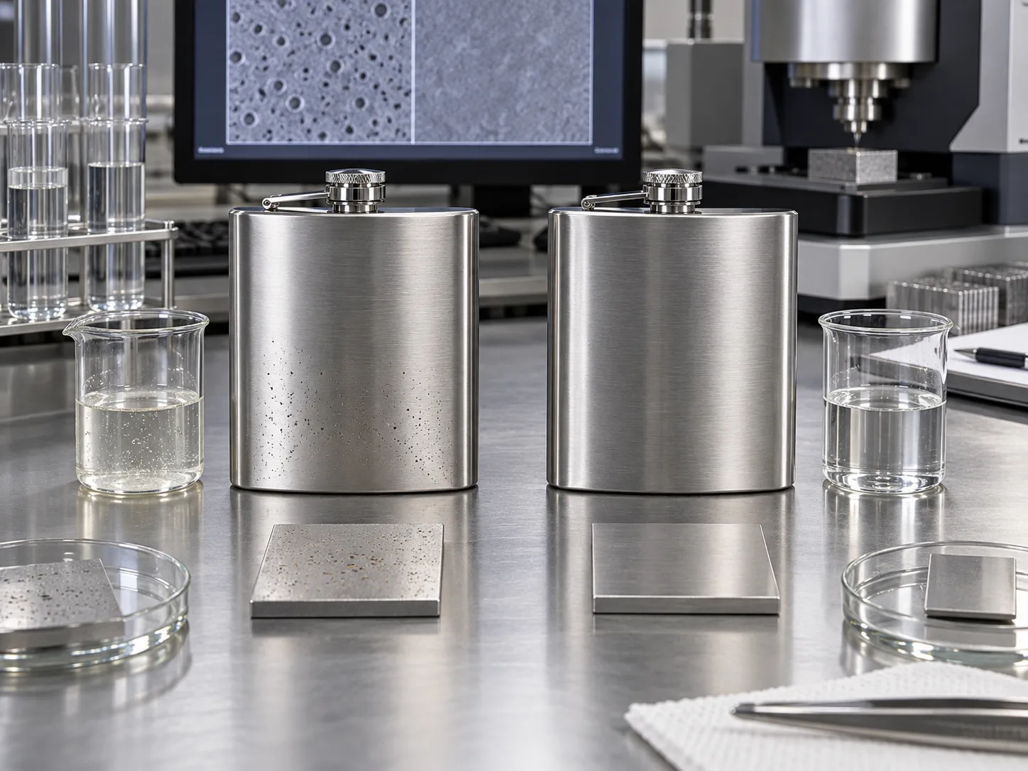 316 vs 304 Stainless Steel Grade Close-up of the metal grade stamp on a stainless steel flask