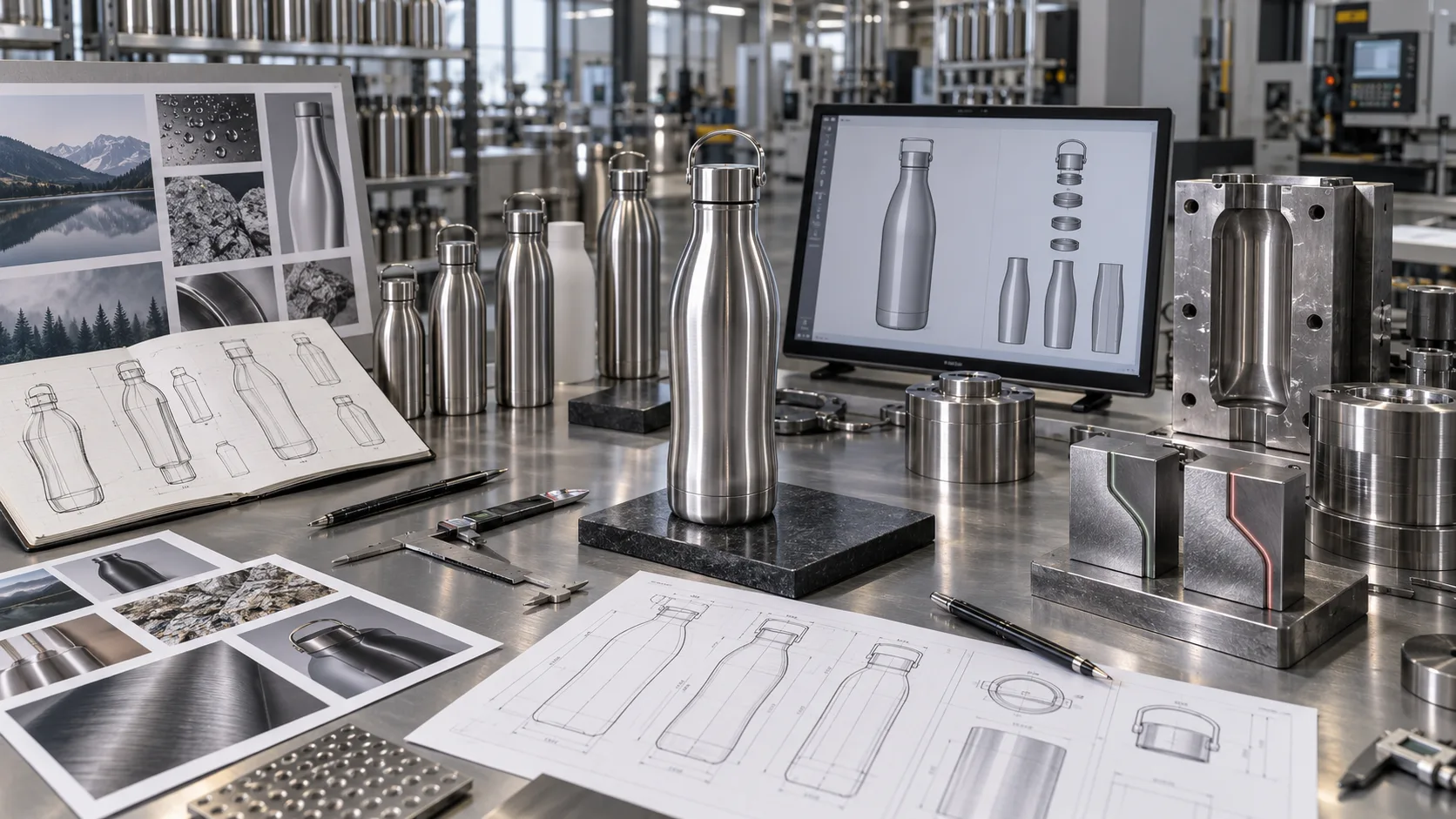 A designer and factory expert reviewing a bottle sketch together