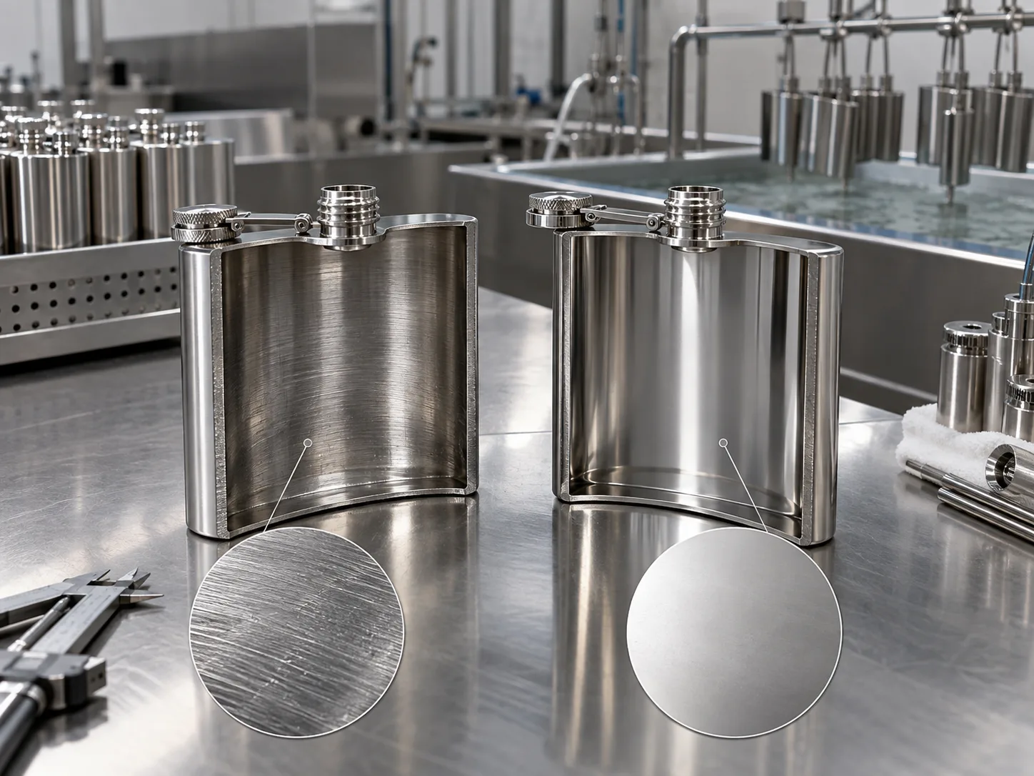 Electropolished Interior of a Flask Microscopic view comparing mirror polish to electropolish finish