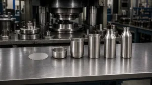 Stainless steel water bottle body forming process from flat metal blank to finished deep-drawn bottle shell