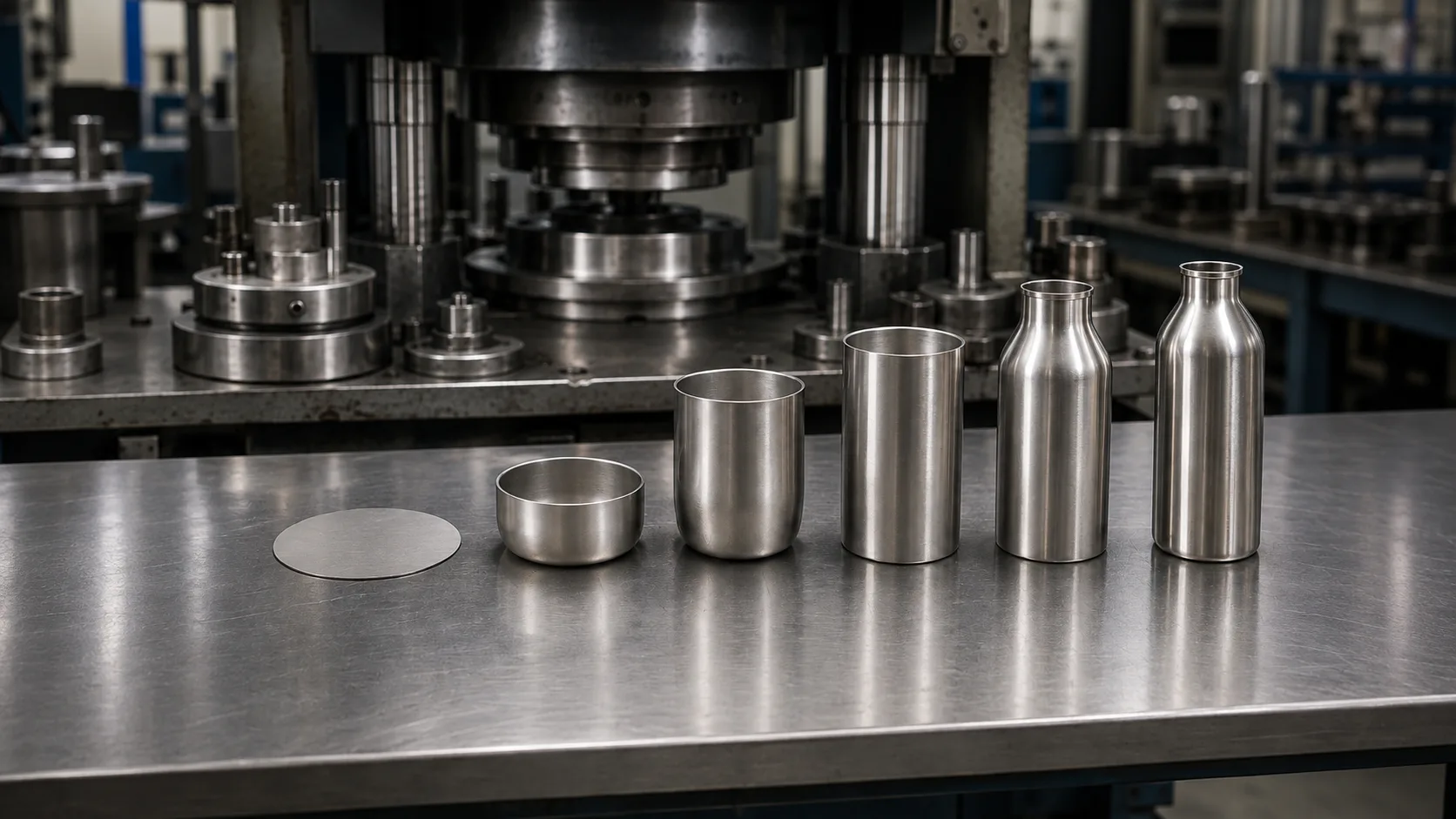 Stainless steel water bottle body forming process from flat metal blank to finished deep-drawn bottle shell