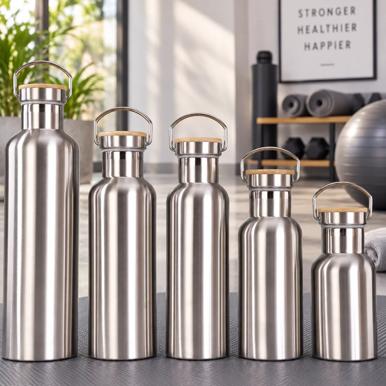 1L Stainless Steel Sliver Water Bottle with Handle
